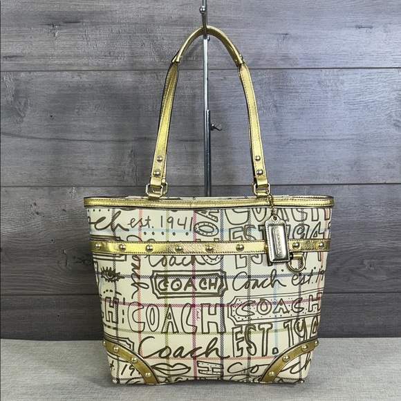 Coach Tattersall Graffiti 13188 Multi Gold Coated Canvas Tote Shoulder Bag - Picture 1 of 12